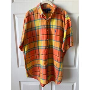 Vintage 90s Polo Ralph Lauren Blake Orange Plaid Short Sleeve Shirt Size L